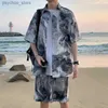 Men's Tracksuits Summer mens two-piece tie dye oversized shirt and shorts thin silk beach travel suit mens Q240314