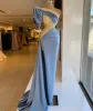 Satin Silk Evening Dresses Gold Appliques Puff Sleeve Mermaid Prom Gowns Slim Side Split Red Carpet Fashion Party Dresses