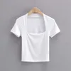 American ins low cut square neck slim exposed navel short T-shirt womens summer new elastic slim solid color short sleeve top fashion