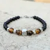 Bracelets de perles en œil de tigre pour hommes et femmes, brin de 8mm, breloque Cube, chaîne en acier inoxydable, pierre naturelle, bijoux masculins, cadeau