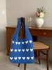 Designer-Handtaschen aus Wollstrick, für den Sommer, neue handgewebte Strandtaschen, mehrfarbige Einkaufstasche, Handtasche mit Liebes-Herz-Muster, modische Einkaufstasche, ausgehöhlte Einkaufstasche, Blau