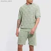 Men's Tracksuits Mens crochet summer set mens fashion set casual sportswear loose fitting short sleeved shirt knitted two-piece set Q240314
