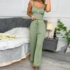 Zweiteilige Damenhose, lässiges zweiteiliges Set, Sommerpyjama mit tief ausgeschnittenem V-Ausschnitt, Tanktop, Hose mit hoher elastischer Taille, einfarbig