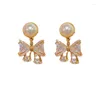 Stud Earrings Korean Style Fashion Sweet And Cute Literary Pearl Zircon Bow 925 Silver Needle High Grade Feeling For Women