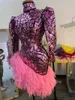 스테이지웨어 패션 핑크 스팽글 비대칭 칵테일 파티 바디콘 드레스 라틴 댄스 의상 섹시 백 클럽 무도회 드레스 여성