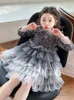 Children sequins puff sleeve princess dresses girls tiered lace tulle cake dress 2024 spring kids birthday party clothes Z7160