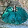 Smaragdgrünes 3D-Blumen-Perlen-Kristall-Quinceanera-Kleid, Ballkleid, Pailletten-Applikationen, Spitze, Prinzessin, süßer 15./16. Geburtstag