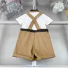 Luxury Kids Tracksuits T-shirt Set Baby Clothes Size 110-160 cm Letter Jacquard Lapel Polo Shirt and Suspender Pants 24mar