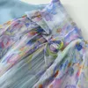 2024 Spring Summer Floral Print Brity Brutons Dress Dress Blue 3/4 Sleeve V-Neck Single-Heact Dreached Dresses W4MM1317