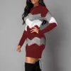 Basic Casual Dresses Colorblock Dress Elegant Striped Knitted Mini Dress for Women Slim Fit Above Knee Length Long Sleeve Round Neck for Fall WinterL2403