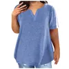 Blouses pour femmes Grande taille Tops en coton Mode Col en V Couleur unie Manches courtes T-shirt ample 2024 Tunique d'été Chemises pour femmes Chemisier