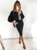 Kvinnor Autumn Winter Sticke Party Midi Dress Solid Office Lady Pullover Bodycon Slim Long Sleeve Sexig tröja klänning 240314