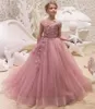 Sukienki dla dziewczynek różowy elegancki kwiat na wesele puchowe rękawy księżniczki aplikacje wieczorne impreza Pierwsza suknia balowa tiulowa komunia