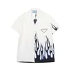 Camisas casuais masculinas designer de luxo homens moda jogo popeline chama impressão camisa de boliche havaí floral homens slim fit manga curta solta