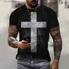 Men's T-Shirts Vintage T-shirt Christian Jesus 3D Printed Casual Short Slve Oversized Cross Tops T Summer Black Strtwear Men T Shirt 4XL Y240314