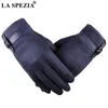 LA SPEZIA Mens Suede Gloves Touch Screen Male Navy Blue Velvet Gloves Thermal Solid Patchwork Leather Autumn Winter Mittens Men 20244d