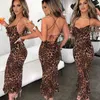 Nowy Springsummer Leopard Print Sexy Off z powrotem Lace Up Slim Fit Sukienka do środkowej długości