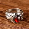 925 Sterling Silver Ring Black Agate Red Garnet Ancient Rattan Man Ring