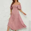 Damen-Sommerkleid, einfarbig, hohe Taille, Blasenärmel, Wickelkleid für Damen