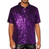 Chemises décontractées pour hommes Hommes Sparkle Paillettes Chemise Vintage Summer Streetwear Party 1/4 Bouton Manches courtes Tops Brillant Vacances Tee Glitter