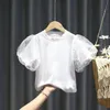 Mode Sommer Baby Mädchen Baumwolle T-Shirt Puff Sleeve Kleinkind Mädchen Pincess Spitze Shirt Kurzarm Rundhals T-shirt Solide bluse 240313