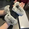 Lady's Deri Glovess Tavşan Cilt Ağız Kalın Sıcak Sürüş Eldivenleri Kış Açık Ayak Parmağı Eldiven Hediye Kutusu220t