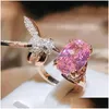 Fedi nuziali da donna di lusso in argento 925 con colibrì carino, splendido anello da 10 ct con diamante Zirocn, ridimensionabile, per banchetti, gioielli alla moda D Dhv2W