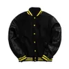 Low MOQ High Quality Wholesale Black College Versity Men With Leather Sleeves Custom Patchwork Embroidery Baseball Jacket 67