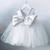 Girl's Dresses Party kids white V-neck with bow at back birthday christening summer beads flower dresses for girls toddlers children princess dress 240315