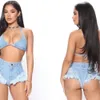 Ultrakurze dreieckige Denim-Halsbehang, Hotpants mit pelzigem Rand und erhöhtem Gesäß, sexy Nachtclub-Bikini-Hosenträgershorts, trendiges Store-Set für Frauen