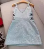 Casual Jurken 2024 Runway Zoete Lente Diamanten U Hals Blauw Tweed Mini-jurk Luxe Vrouwen Mouwloze Tank Boog Taille Uitgehold Pailletten