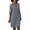 Casual Dresses Women's V Neck Mini Dress Cotton And Linen Short Sleeve Holiday Solid Color Maternity Midi For Women Robe