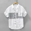 2775 Summer Trendy New Trend Splicing Linen Short Sleeved Shirt For Mens Fashion Casual mångsidig halvärmad skjorta Trend