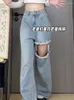 Jeans pour femmes Vintage Hiphop taille haute bleu déchiré trou Baggy pantalon large jambe rue droite Denim pantalon mode marée Y2K Streetwear