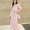 Vestido de duas peças unxx mulheres vintage primavera outono tweed blazer saia 2 conjunto roupas de escritório jaqueta casaco com cintura alta conjuntos longos