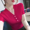 Kvinnors T-skjortor Gul Summer Thin Ventilation Office Lady Tyg Kvinnor T-shirt Knitting Kort ärm Stretchig V-Neck Ice Silk Button Tops