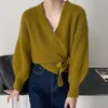 Cardigan tricoté rétro pour femmes, col en v, à lacets, Slim, vêtements d'extérieur, tricot