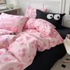 Estilo coreano rosa carta conjunto de cama plana folha fronha gêmeo completa rainha tamanho roupa mulheres meninas capa edredão sem enchimento 240306