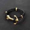 Charm Bracelets Jiayiqi Punk Engraved Dragon Silver Gold Anchor Clasp Black Braid Genuine Leather Bracelet Men Jewelry Stainless S228z