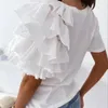 女性用ブラウスファッションブラウスOネックアンチピリング伸縮性のある女性Tシャツレイヤードフリル半袖レディース衣料品シャツトップ