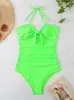 Women's Swimwear One Piece Women Swimsuit 2024 Solid Halter Bow Push Up Sexy Bodysuit Monikini Summer Beach Wear Bathing Suit Female