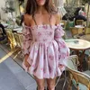 Casual Dresses Boho Inspired Satin Smocked Puff Sleeve Bubble Mini Dress Floral Print Party Girl 2024 Summer Dressse Sexy Women