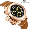 Hombres Automático Auto Viento Mecánico Cuero Marrón Genuino Multifunción Fecha Barco Mes Luminoso Limitado Oro Rosa Bronce U Reloj L263D