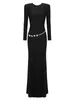 Robes décontractées Femmes Celebrity Luxe Sexy À Manches Longues Dos Nu Strass Noir Maxi Robes Robe 2024 Élégant Soirée Robe Robe