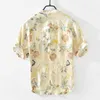 2002 Literature and Art Fresh Printed Linen Shirt Youth Thin 5/4 Sleeve Standing Collar Pullover Shirt Men