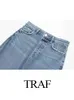 TRAF 2023 여성 패션 전면 슬릿 블루 데님 스커트 하이 허리 포켓 슬림 지퍼 플라이 미디 여성 캐주얼 빈티지 스커트