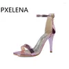 Сандалии PXELENA, лаконичные женские туфли на шпильке с ремешком на щиколотке, женская летняя обувь на тонком высоком каблуке 2024, сексуальная обувь для офисной вечеринки, серебристого цвета с открытым носком