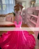 Hot Pink Diamond Prom Dresses for Black Girls 2024 Velvet Beads Rhinestones Party Gowns Mermaid Evening Dress Vestidos de Gala 0228