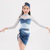 Scene Wear Ballroom Dance Competition Clothes Girls Mesh Sleeves Latin Top Velvet kjol Kids Performance Costumes SL9709