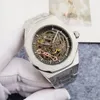 New Fashion Mens 시계 유리 41mm 스켈레톤 다이얼 자동 기계식 손목 시계 스틸 스트랩 방수 디자이너 마스터 시계 없음 상자 없음